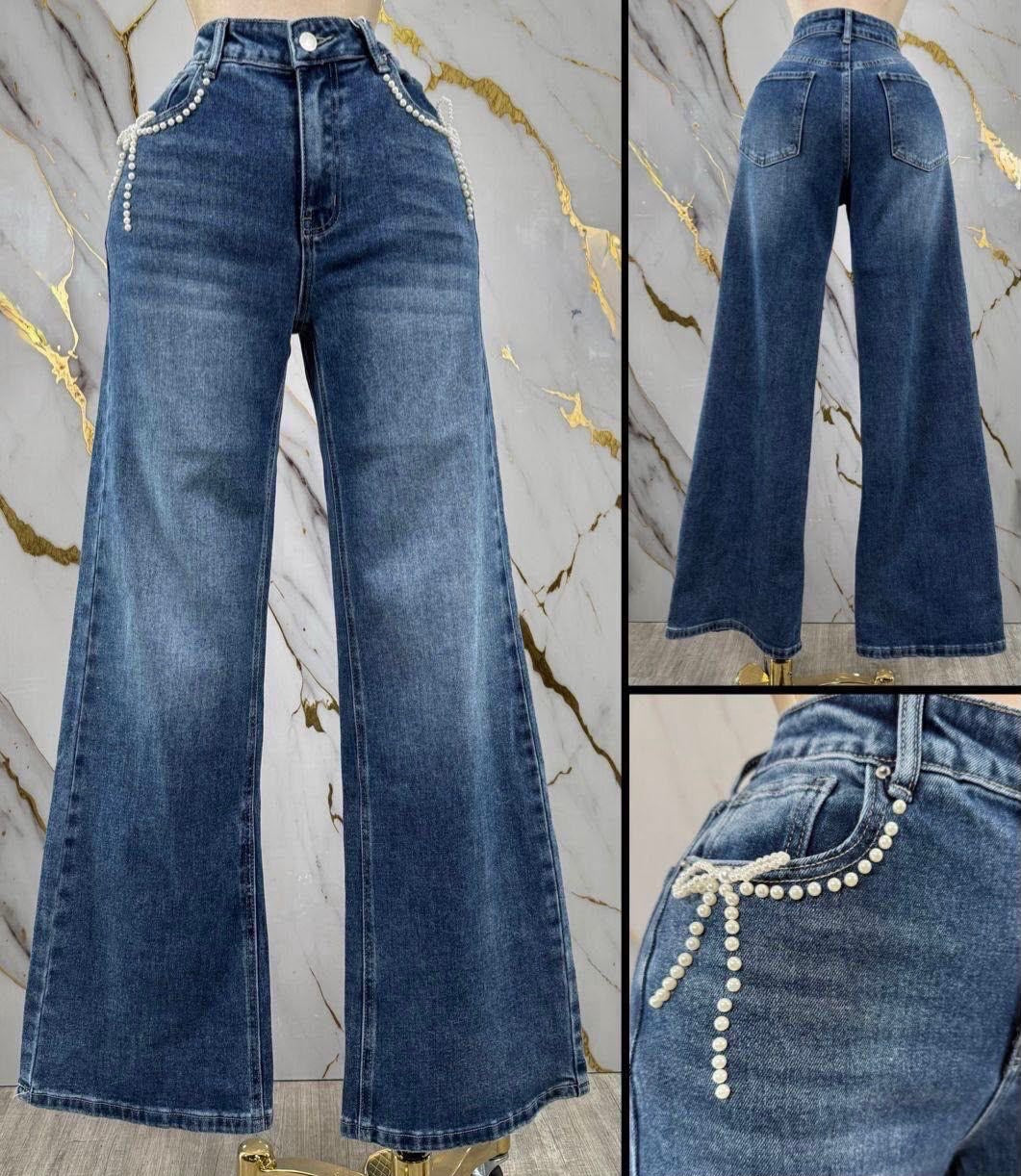 Pearl Bow Wide Leg Jeans - Dark Blue