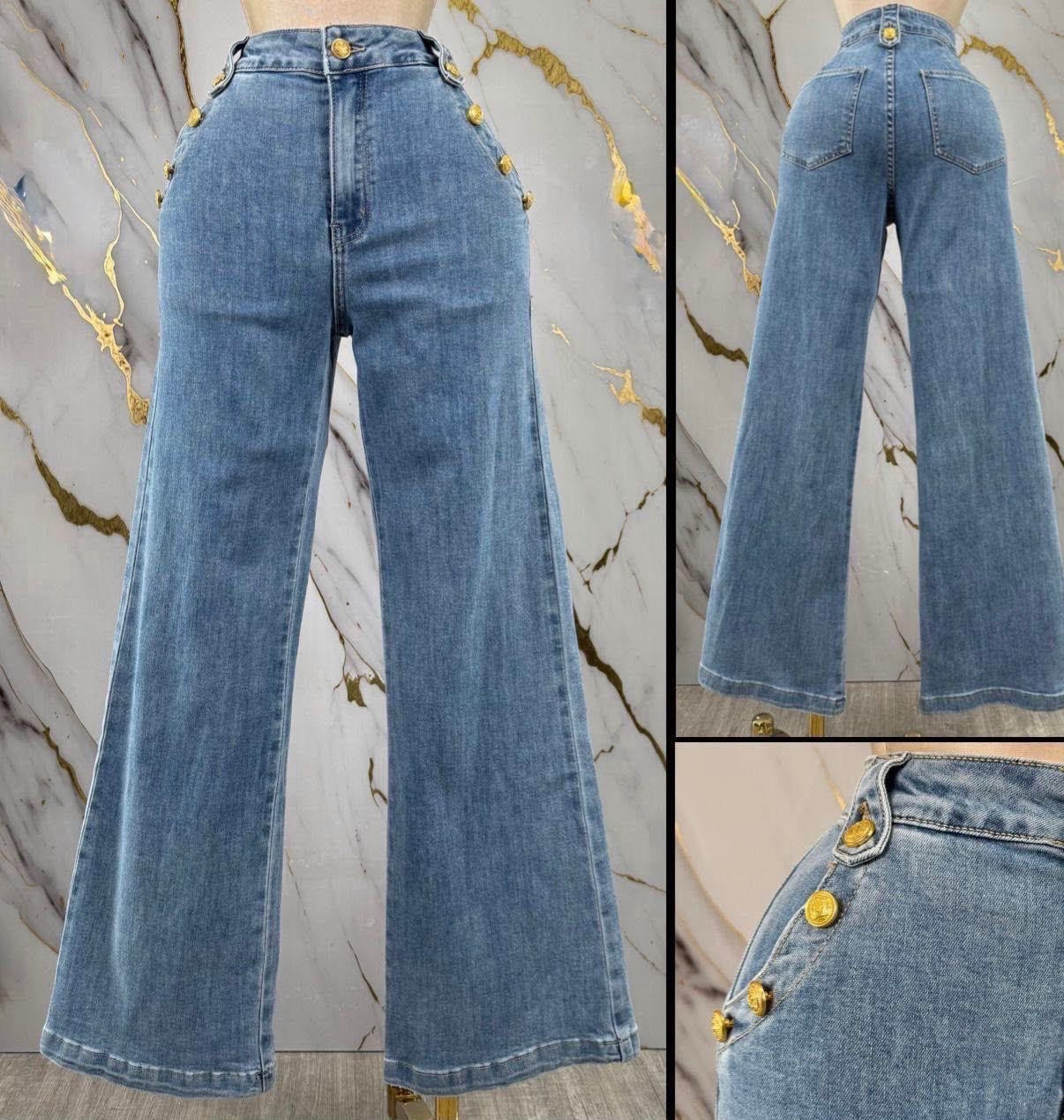 Golden Button Wide Leg Jeans - Light Blue