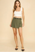Linen Brown Leather Belted Wrap Skort - Dark Olive