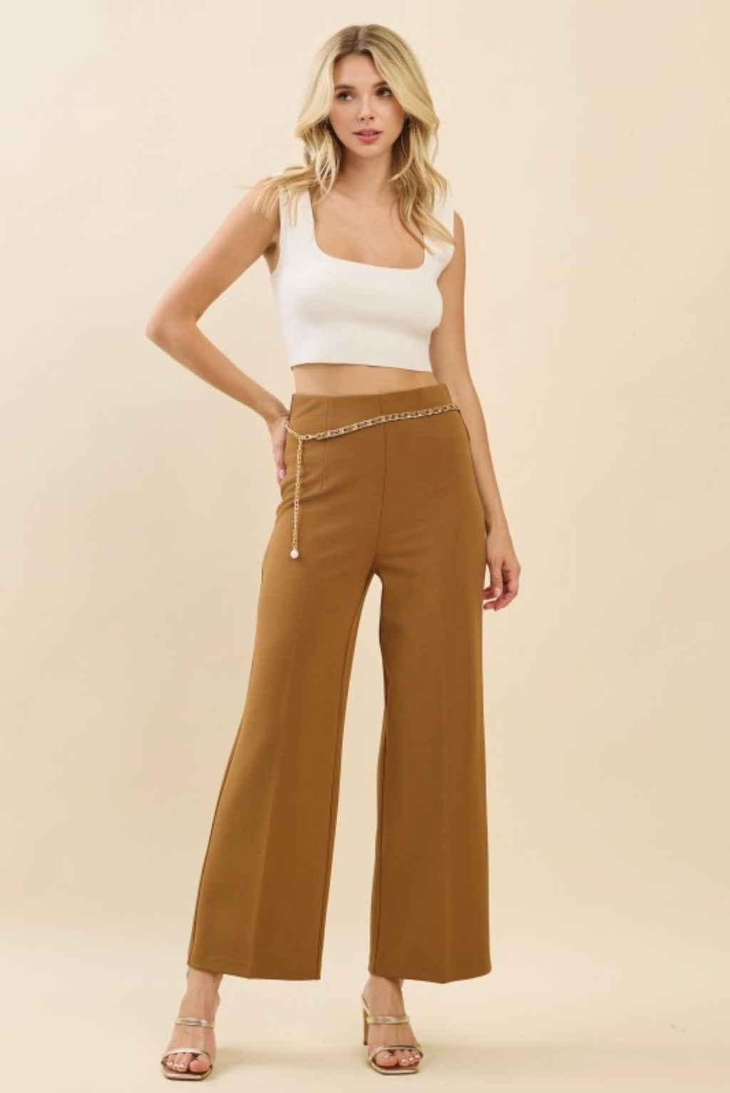 Jersey Pearled Gold Chain Tie Waist Wide Leg Pants
