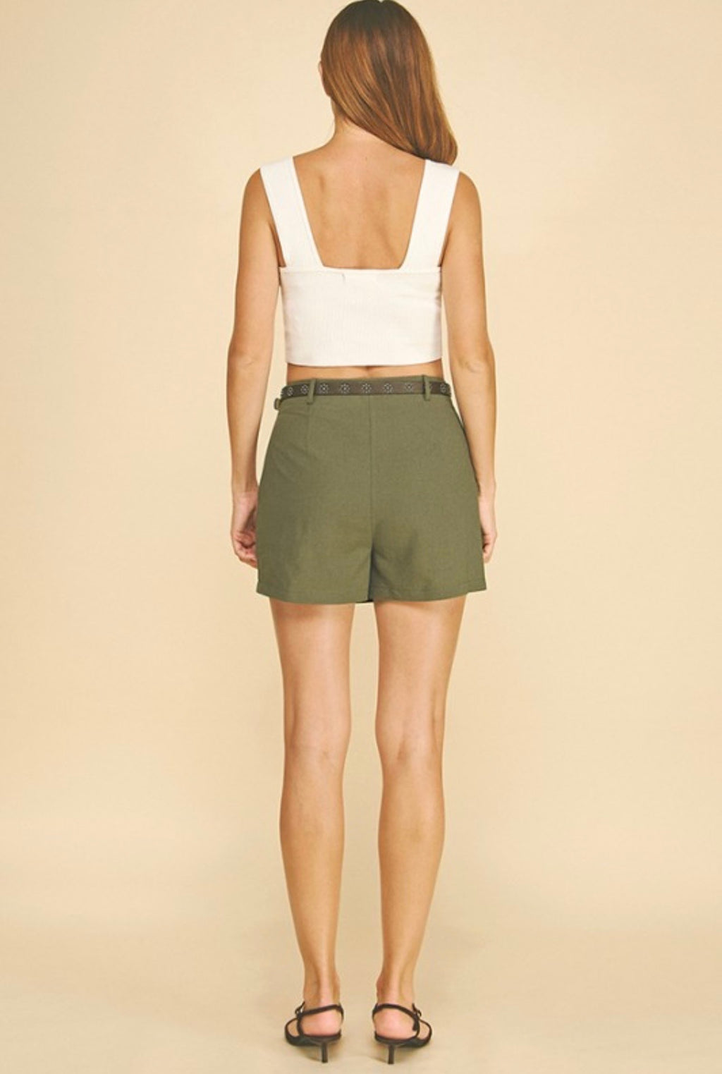 Linen Brown Leather Belted Wrap Skort - Dark Olive