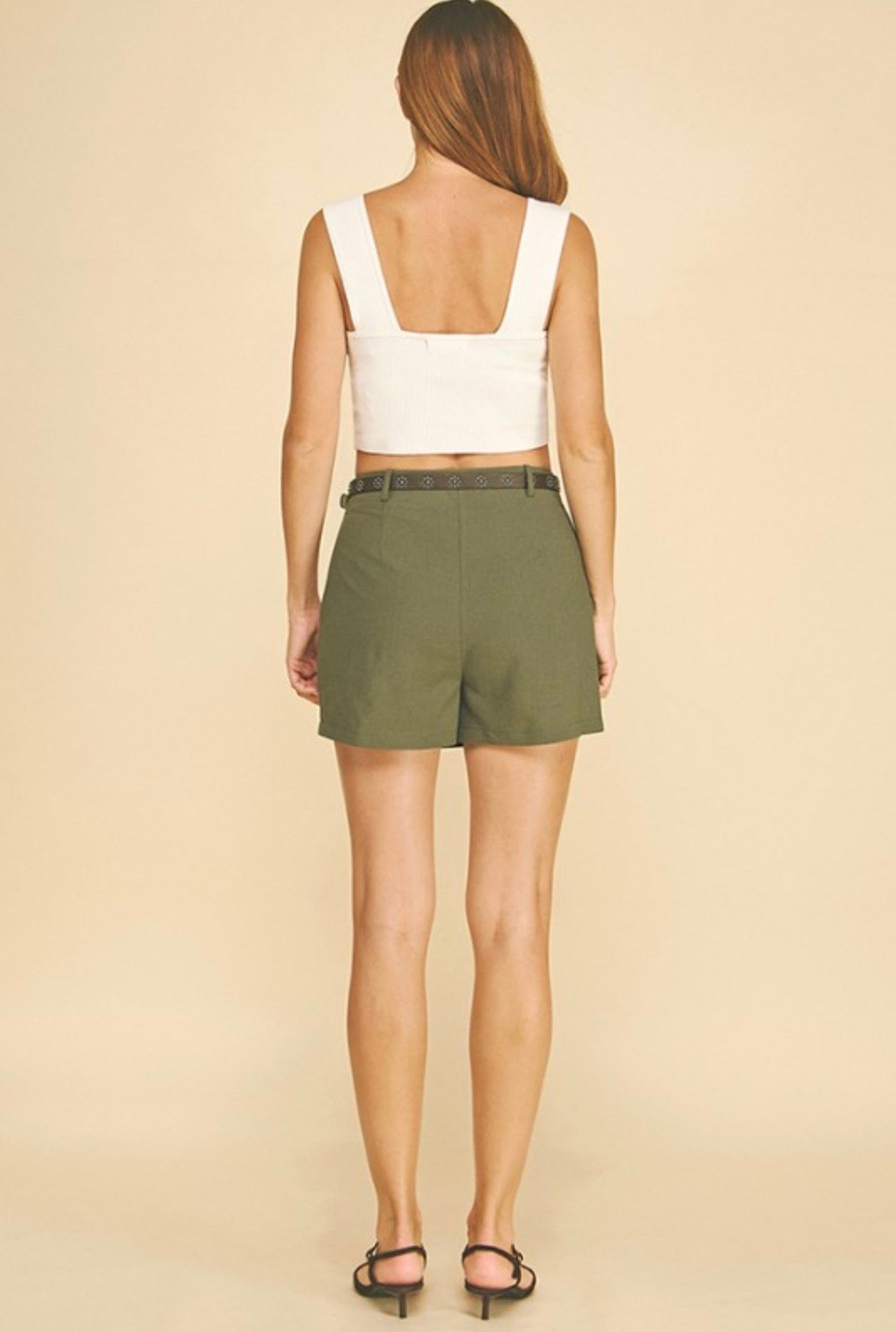 Linen Brown Leather Belted Wrap Skort - Dark Olive